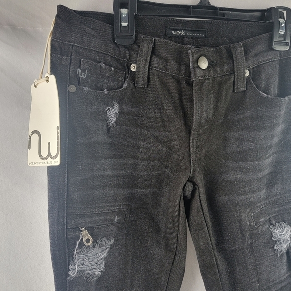 NWT Work Custom Jeans black zip bottom distressed zip pocket denim jeans Size 26 - Picture 2 of 7